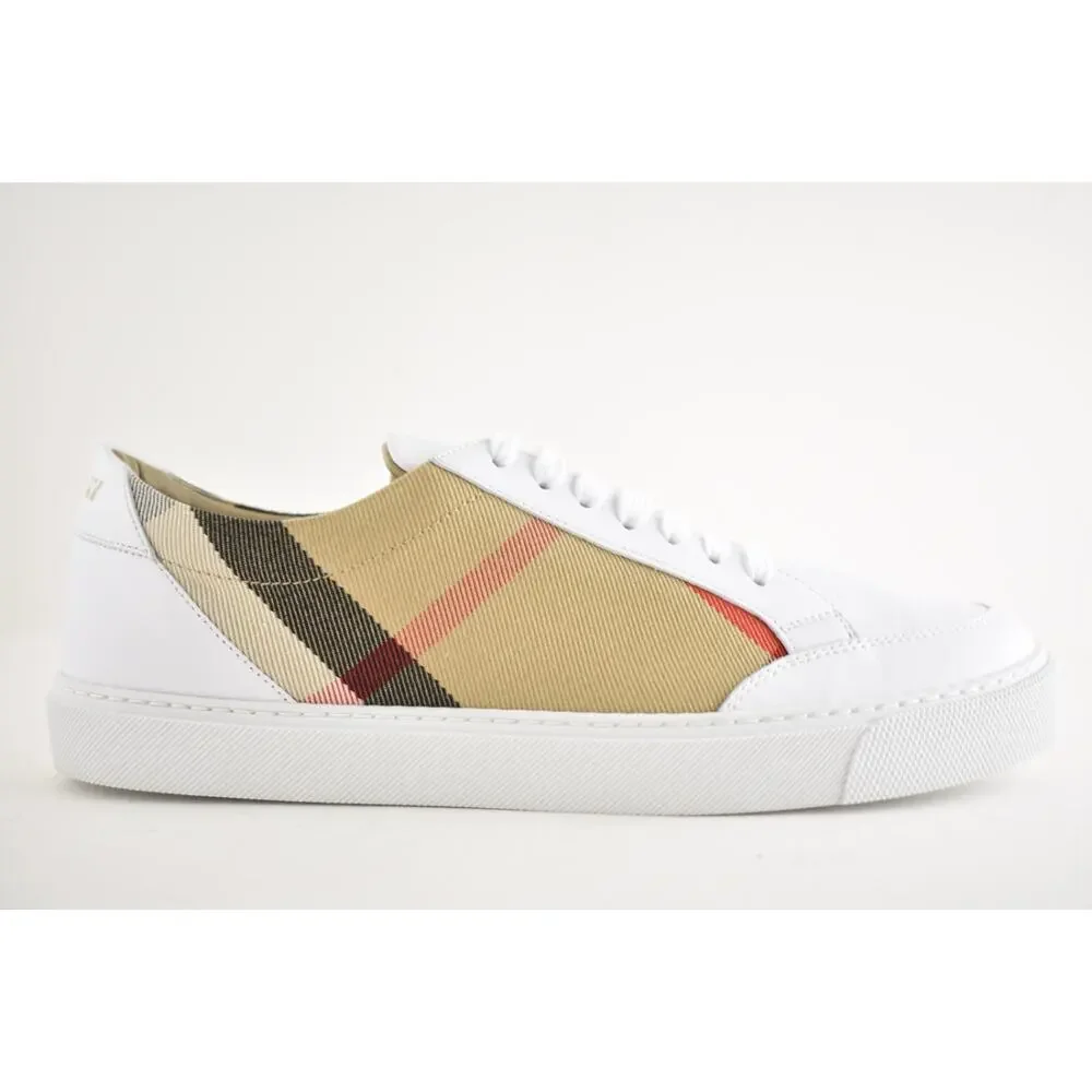 Burberry Salmond Vintage Check White Leather Logo Lace Up Low Top Sneaker 41